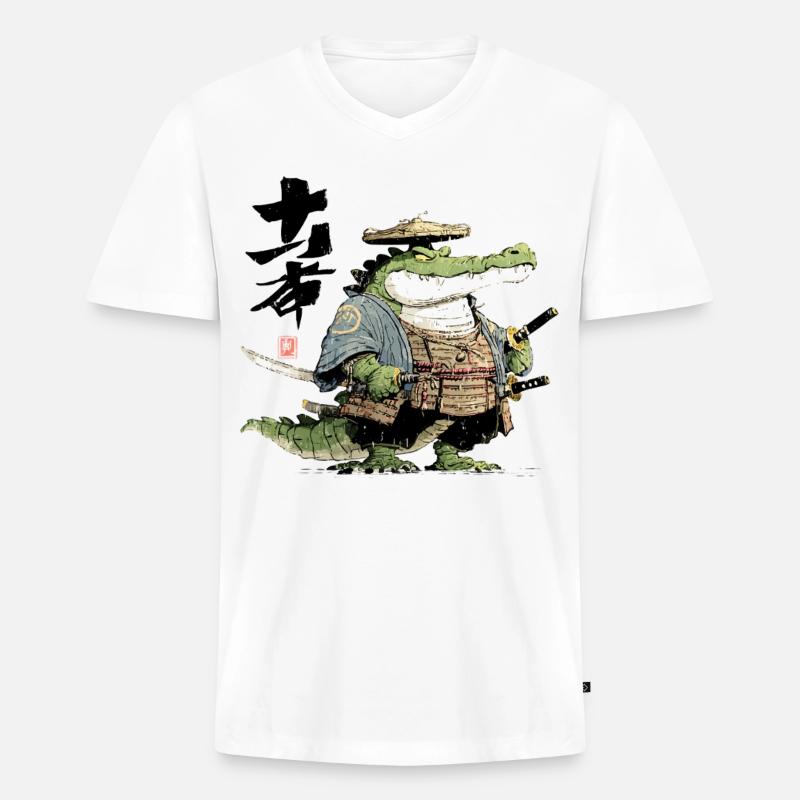 Alligator-Samurai-Duellant - Männer Premium Bio T-Shirt mit V-Ausschnitt - Weiß