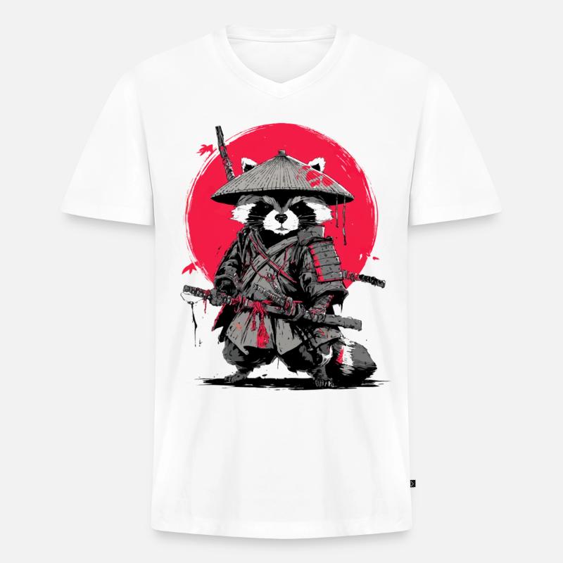 Waschbär-Samurai unter Crimson Moon - Männer Premium Bio T-Shirt mit V-Ausschnitt - Weiß