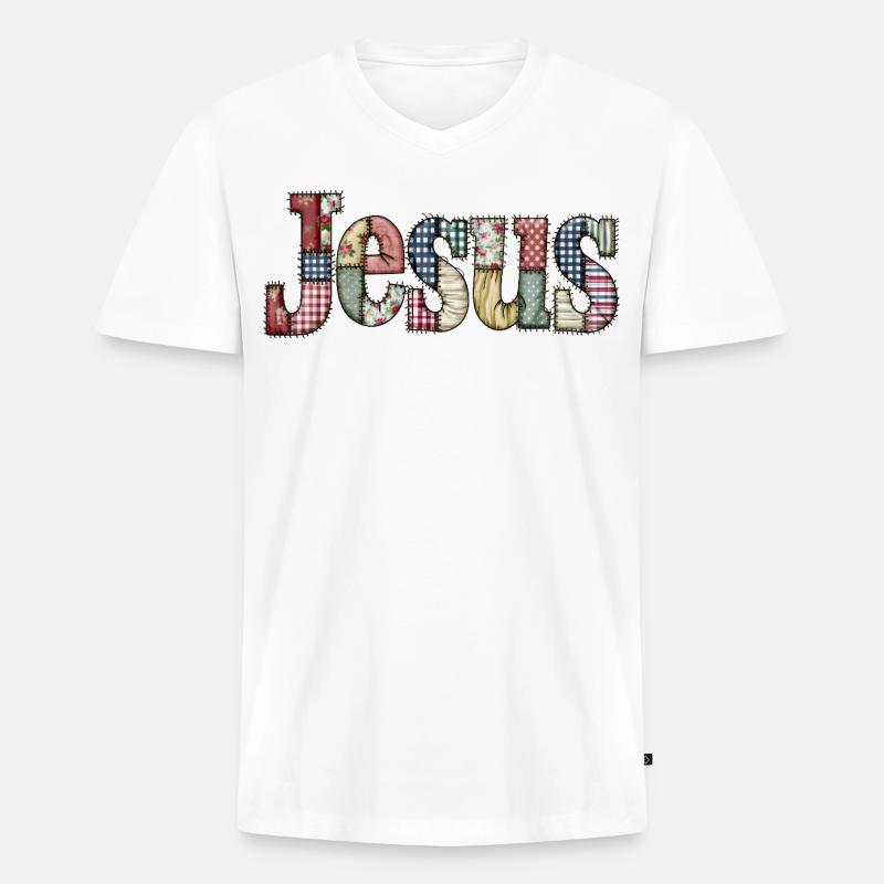 Patchwork Jesus Lettering - Men's Premium Organic T-shirt with V-neck - white