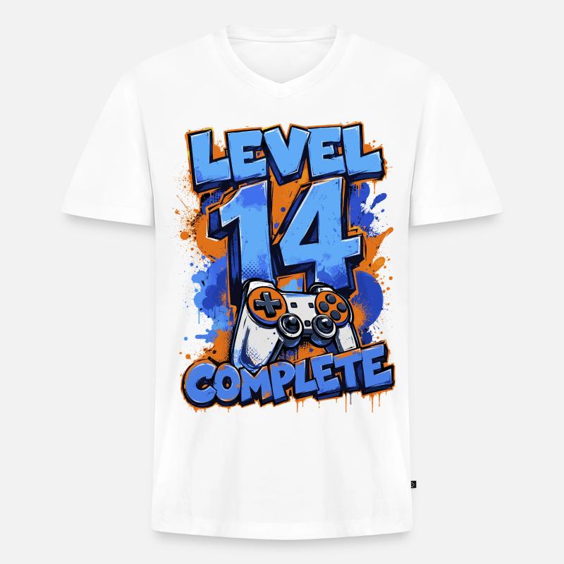 Level 14 Complete – Retro Gaming - Männer Premium Bio T-Shirt mit V-Ausschnitt - Weiß