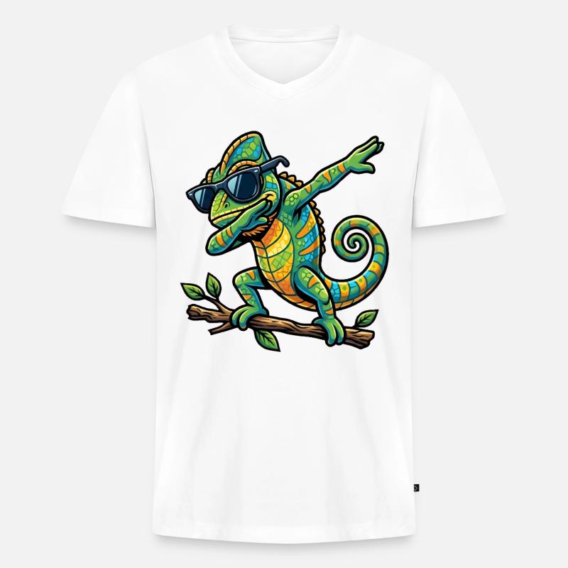 Dabbing Chamäleon - Männer Premium Bio T-Shirt mit V-Ausschnitt - Weiß
