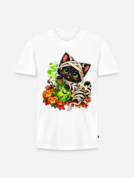 Mumien Katze mit Zaubertrank Halloween - Männer Premium Bio T-Shirt mit V-Ausschnitt - Weiß