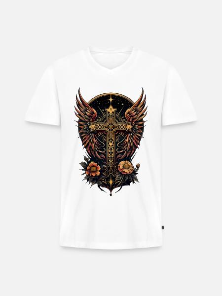 A symbol of strength: The ornate cross with wings - Men's Premium Organic T-shirt with V-neck - white
