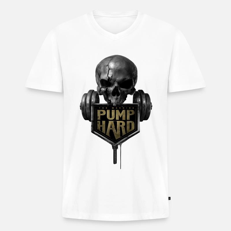 Schädel mit Hantel: Pump Hard - Männer Premium Bio T-Shirt mit V-Ausschnitt - Weiß
