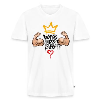 Wake Up & Slay - Männer Premium Bio T-Shirt mit V-Ausschnitt - Weiß - Vorne - Nico (187cm)