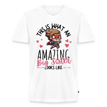 Announcing pregnancy with cartoon superheroine - Men's Premium Organic T-shirt with V-neck - white - Front - Nico (187cm)