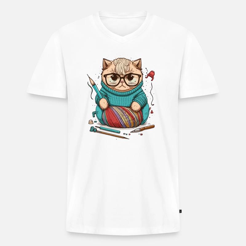 Strickende Katze - Männer Premium Bio T-Shirt mit V-Ausschnitt - Weiß