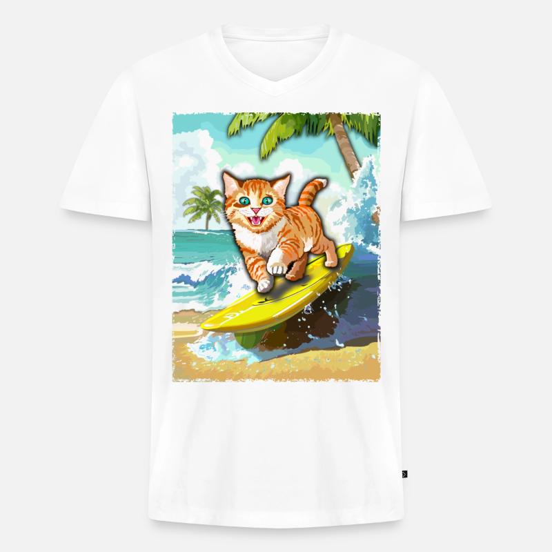 surfende Katze - Katze Surfbrett - Männer Premium Bio T-Shirt mit V-Ausschnitt - Weiß