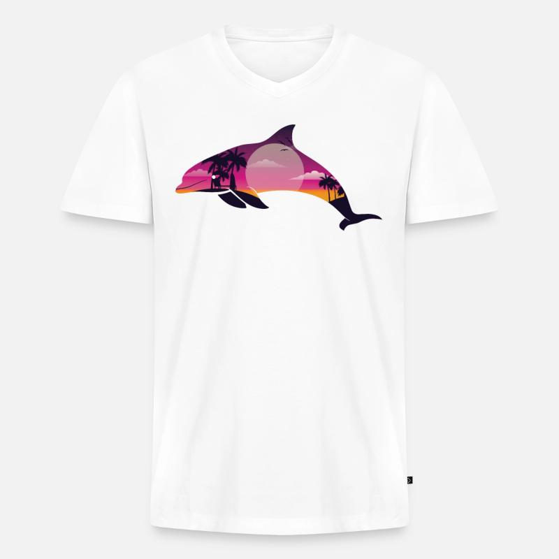 Dolphin Palm Tree Sunset - Männer Premium Bio T-Shirt mit V-Ausschnitt - Weiß