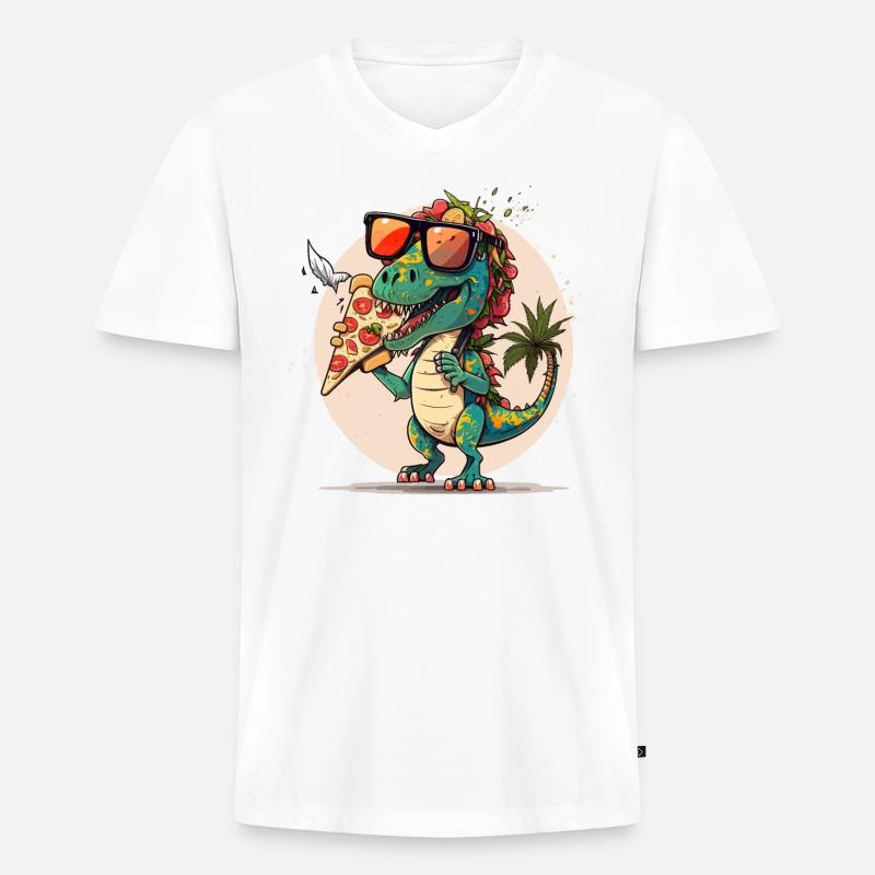Pizza-Saurus - Männer Premium Bio T-Shirt mit V-Ausschnitt - Weiß