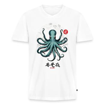 Conception d’affiche japonaise Octopus Ukiyo-E Kanji - T-shirt encolure en V Premium bio Homme - blanc - Devant - Nico (187cm)