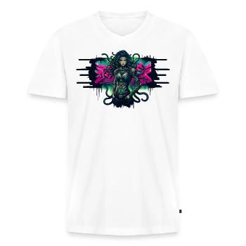 Cyberpunk Medusa – Rébellion au néon - T-shirt encolure en V Premium bio Homme - blanc - Devant - Nico (187cm)