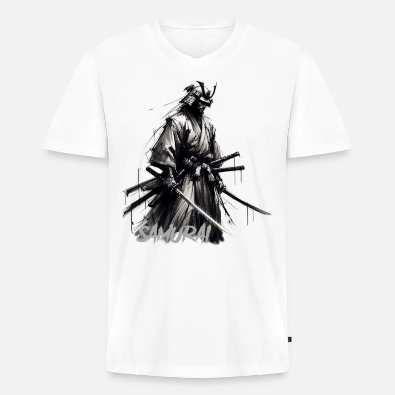 Samurai - Männer Premium Bio T-Shirt mit V-Ausschnitt - Weiß