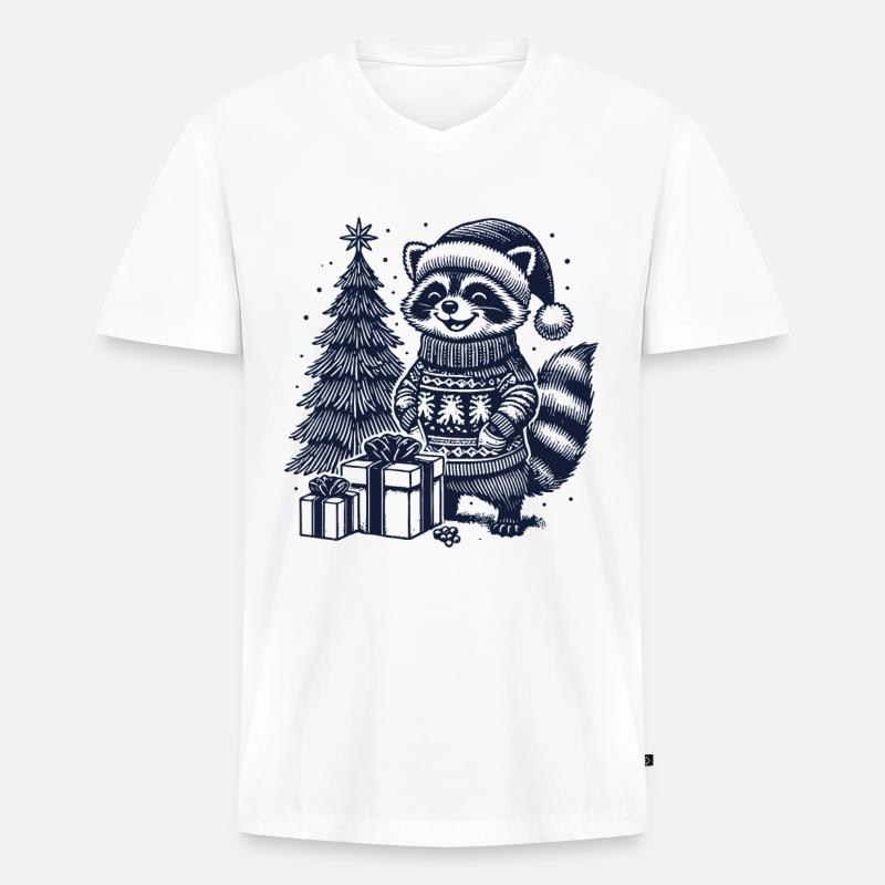 Fröhlicher Waschbär Weihnachten Pullover - Männer Premium Bio T-Shirt mit V-Ausschnitt - Weiß