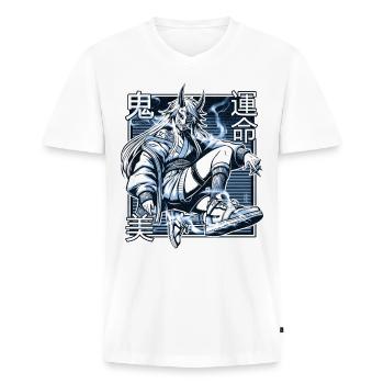 Démon Kunoichi bleu - T-shirt encolure en V Premium bio Homme - blanc - Devant - Nico (187cm)