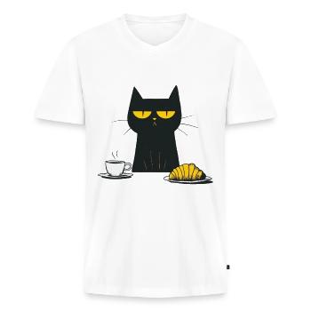 Grantige Katze mit Kaffee und Croissant - Männer Premium Bio T-Shirt mit V-Ausschnitt - Weiß - Vorne - Nico (187cm)