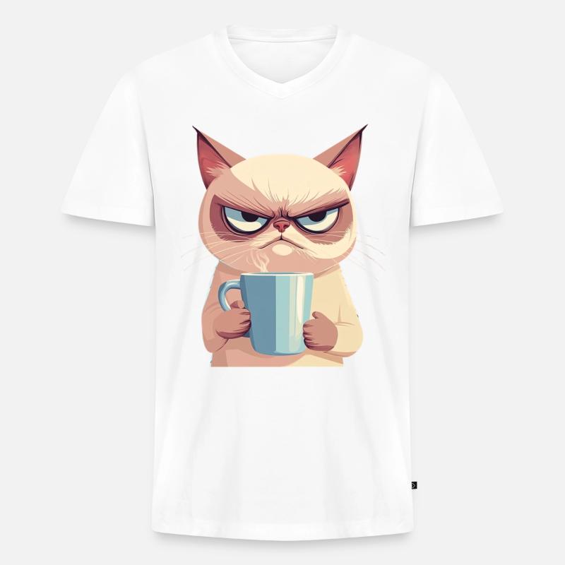 Grumpy-Stil: Grantige Katze mit Kaffee - Männer Premium Bio T-Shirt mit V-Ausschnitt - Weiß