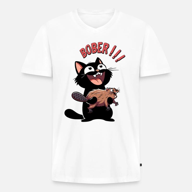Hyper-Katze ruft „Bober!!!“ – Tierischer Ausraster - Männer Premium Bio T-Shirt mit V-Ausschnitt - Weiß