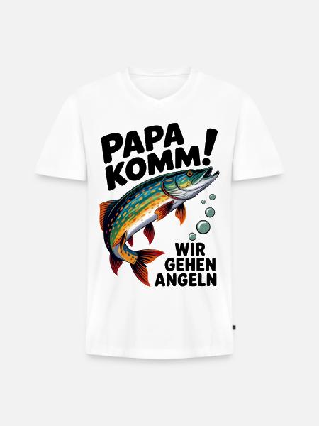 Papa Komm! Angelabenteuer Fischdesign - Männer Premium Bio T-Shirt mit V-Ausschnitt - Weiß