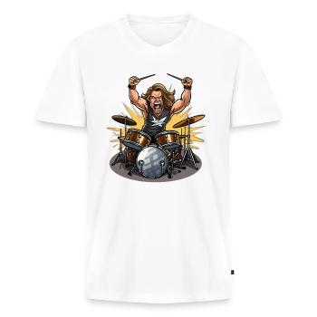Epischer Schlagzeuger in Aktion - Rockiges Cartoon - Männer Premium Bio T-Shirt mit V-Ausschnitt - Weiß - Vorne - Nico (187cm)