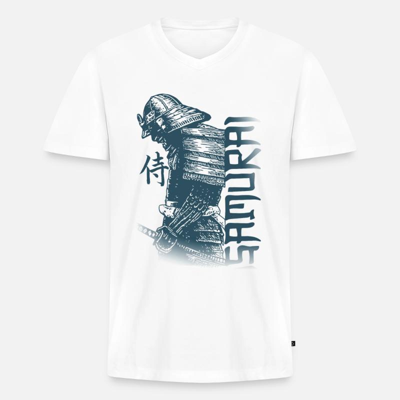 Samurai - Männer Premium Bio T-Shirt mit V-Ausschnitt - Weiß