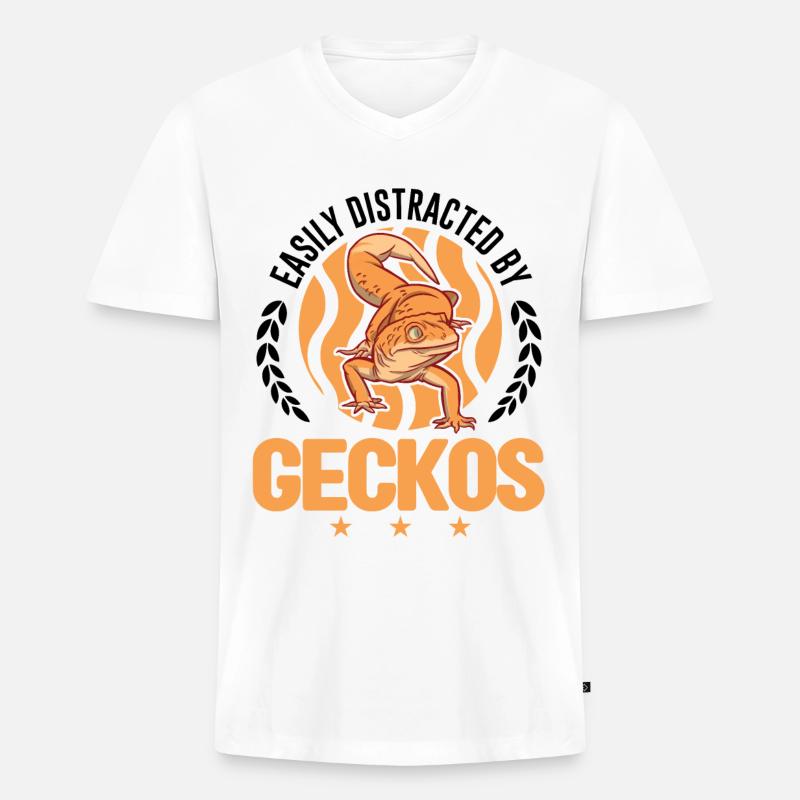 Easily distracted by Geckos Leopardgecko - Männer Premium Bio T-Shirt mit V-Ausschnitt - Weiß