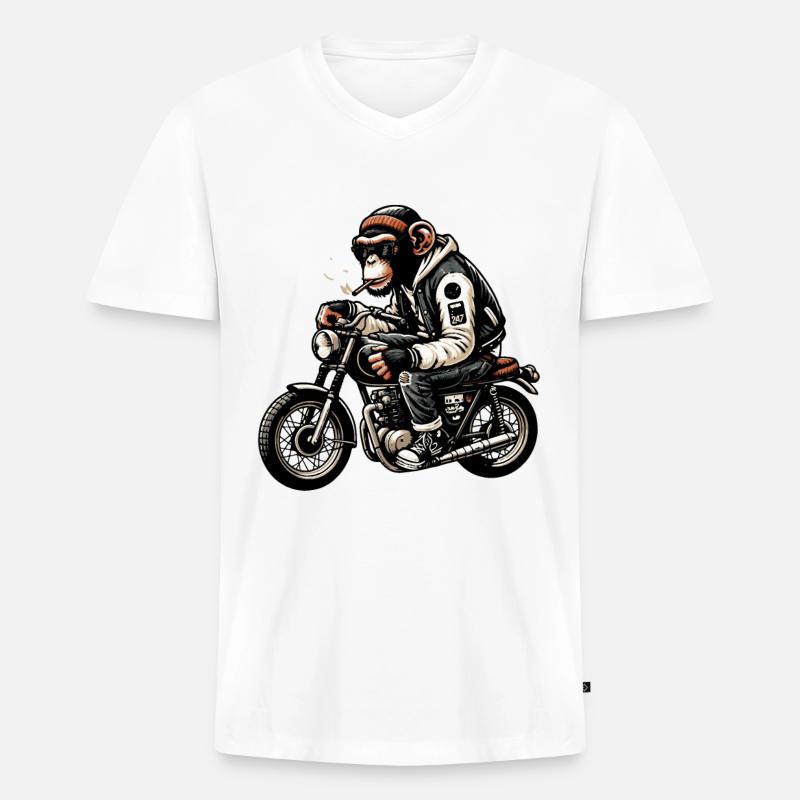 Schimpanse Biker Coolness Tee - Männer Premium Bio T-Shirt mit V-Ausschnitt - Weiß