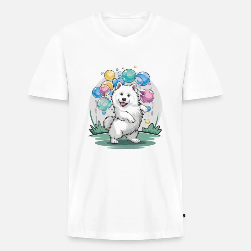 Samojede Hund mit Seifenblasen - Männer Premium Bio T-Shirt mit V-Ausschnitt - undefined
