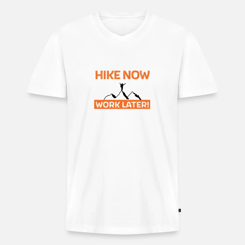Hike now - work later - Männer Premium Bio T-Shirt mit V-Ausschnitt - Weiß