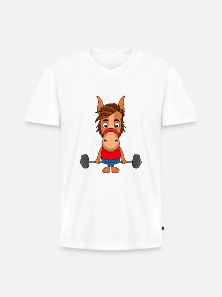 GEWICHTHEBER - PFERD - Männer Premium Bio T-Shirt mit V-Ausschnitt - Weiß