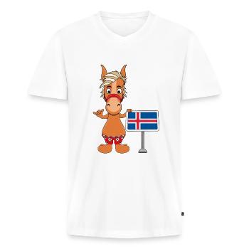 PFERD - PONY - ISLAND - ISLÄNDER - ISLANDPFERD - Männer Premium Bio T-Shirt mit V-Ausschnitt - Weiß - Vorne - Nico (187cm)