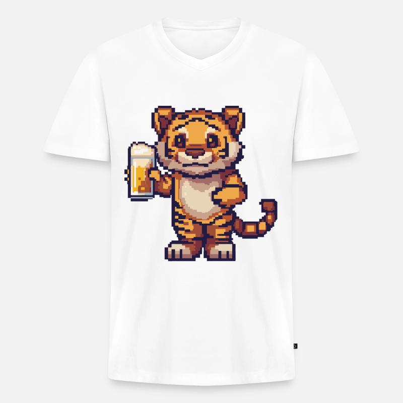 Tiger Pixel Bier - Männer Premium Bio T-Shirt mit V-Ausschnitt - Weiß