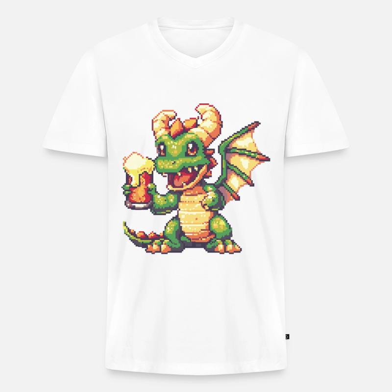 Drache Pixel Bier - Männer Premium Bio T-Shirt mit V-Ausschnitt - Weiß