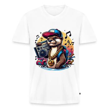 Loutre élégante avec boombox et notes de musique - T-shirt encolure en V Premium bio Homme - blanc - Devant - Nico (187cm)