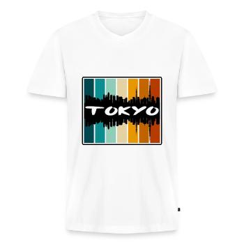 Tokyo Japan Skyline Silhouette Voyage Souvenir - T-shirt encolure en V Premium bio Homme - blanc - Devant - Nico (187cm)