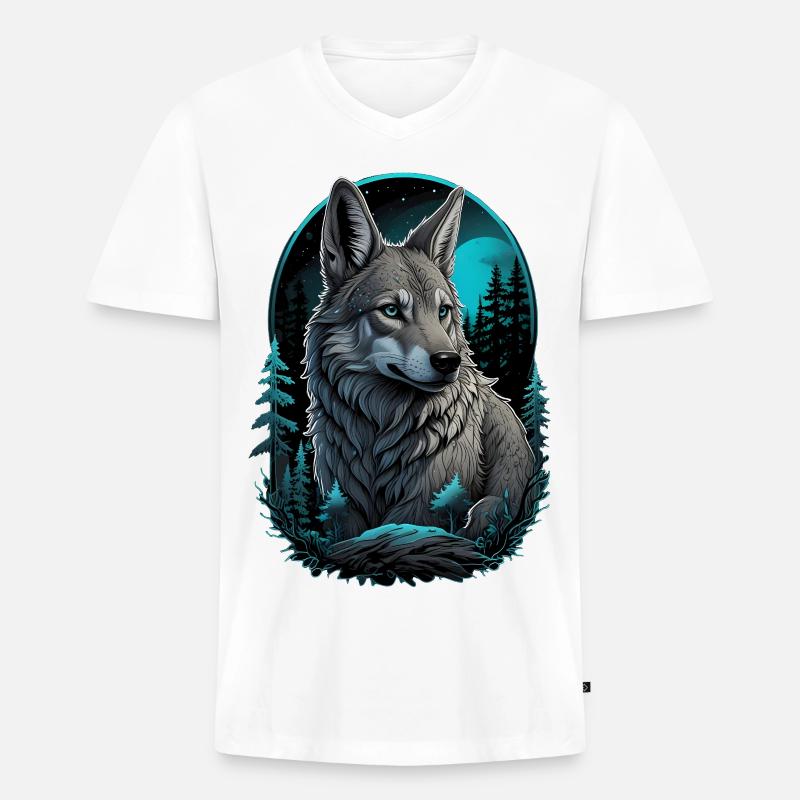 Mystischer Wolf bei Vollmond - Männer Premium Bio T-Shirt mit V-Ausschnitt - Weiß