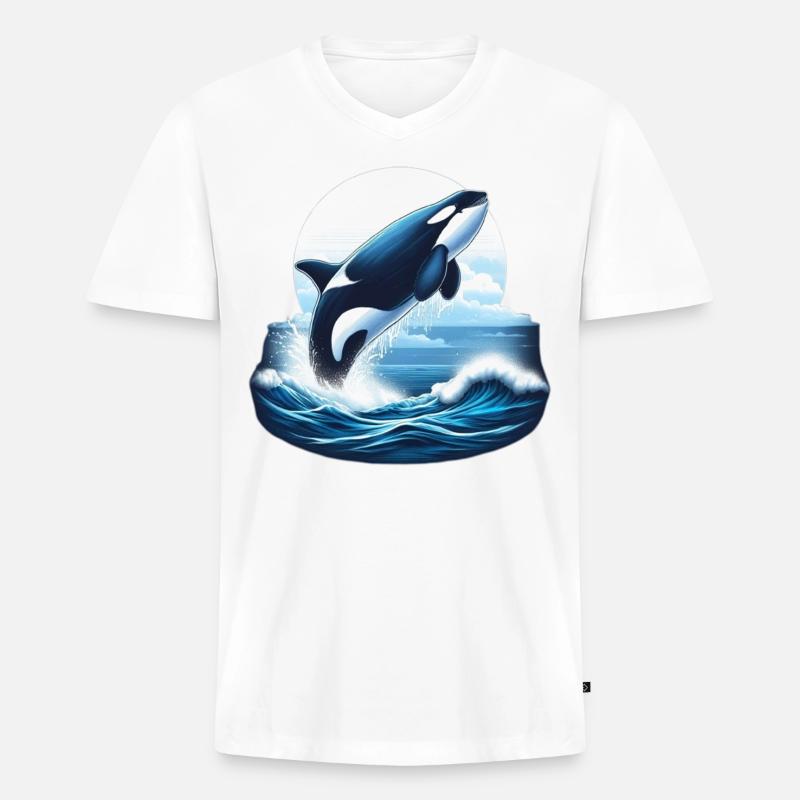 Blauer Orca - Männer Premium Bio T-Shirt mit V-Ausschnitt - Weiß
