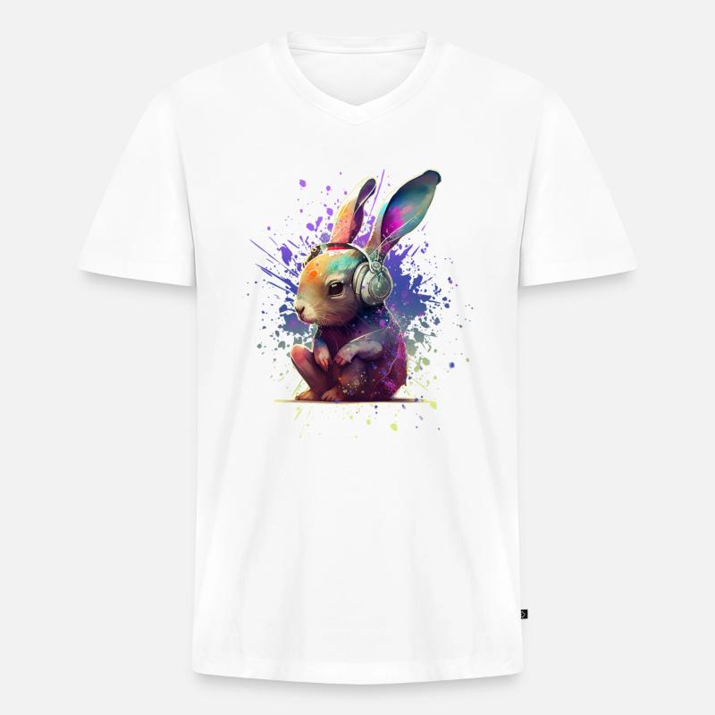 Bunter Hase mit Kopfhörern - Männer Premium Bio T-Shirt mit V-Ausschnitt - Weiß