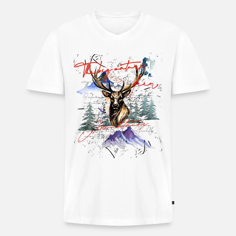 Hirsch Hirschgeweih Berge Geschenkidee - Männer Premium Bio T-Shirt mit V-Ausschnitt - Weiß
