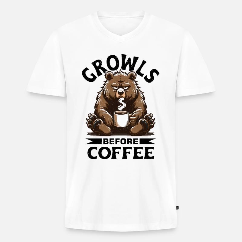 Mürrischer Bär Mit Kaffee - Männer Premium Bio T-Shirt mit V-Ausschnitt - Weiß