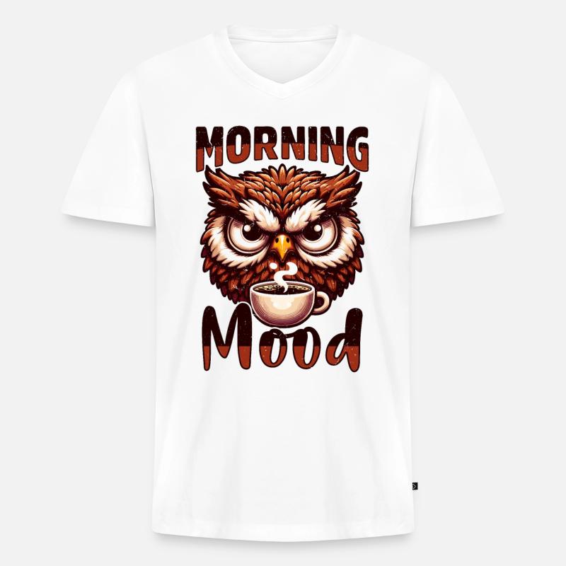 Mürrische Eule Mit Kaffee - Männer Premium Bio T-Shirt mit V-Ausschnitt - Weiß