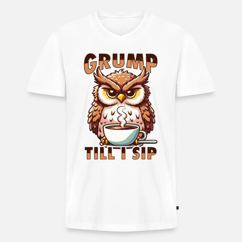 Mürrische Eule Mit Kaffee - Männer Premium Bio T-Shirt mit V-Ausschnitt - Weiß