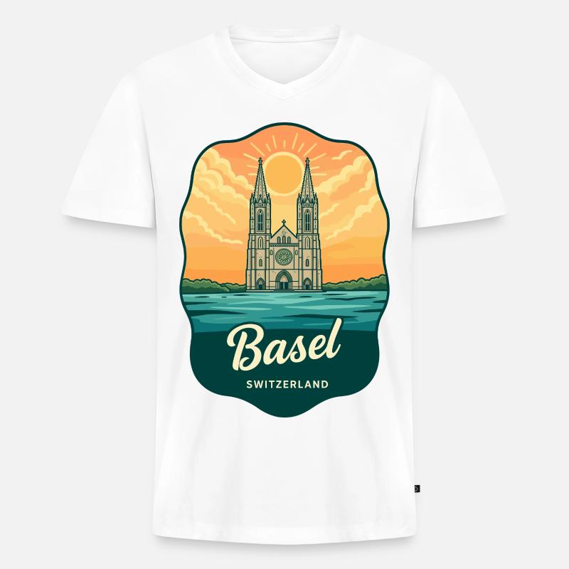 Basel Minster Retro Sonnenuntergangs-Reiseabzeichen - Männer Premium Bio T-Shirt mit V-Ausschnitt - Weiß