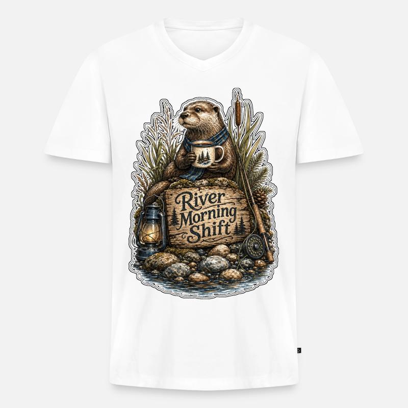 River Morning Shift Otter - Männer Premium Bio T-Shirt mit V-Ausschnitt - Weiß