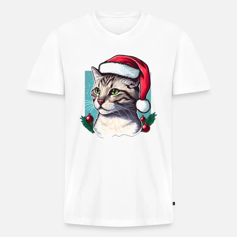 Wunderschöne Katze mit Weihnachtsmannmütze - Männer Premium Bio T-Shirt mit V-Ausschnitt - Weiß