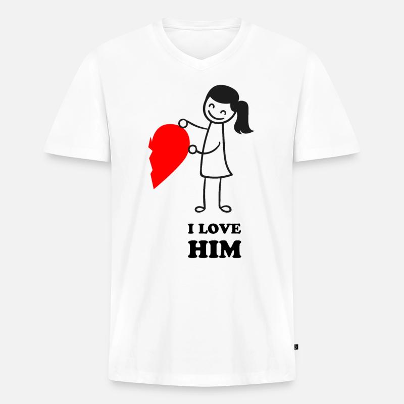 Valentinstag|Love Him - Männer Premium Bio T-Shirt mit V-Ausschnitt - Weiß