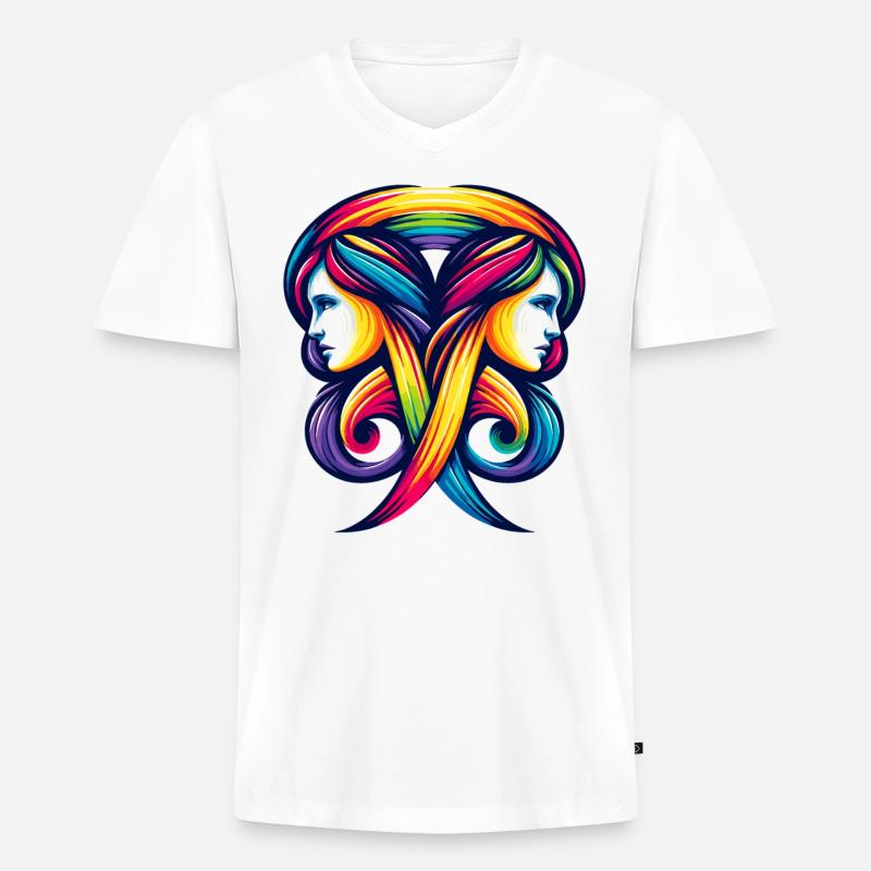 Gemini Zodiac Regenbogen Harmonie Design - Männer Premium Bio T-Shirt mit V-Ausschnitt - Weiß