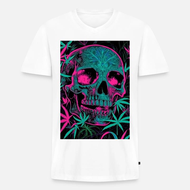 Neon-Skull mit Cannabisblatt-Pattern - Männer Premium Bio T-Shirt mit V-Ausschnitt - Weiß