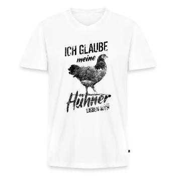 Lustiges Hühner Spruch Hühnerbauer - Männer Premium Bio T-Shirt mit V-Ausschnitt - Weiß - Vorne - Nico (187cm)