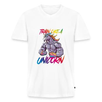 Einhorn training power fitness bunt - Männer Premium Bio T-Shirt mit V-Ausschnitt - Weiß - Vorne - Nico (187cm)